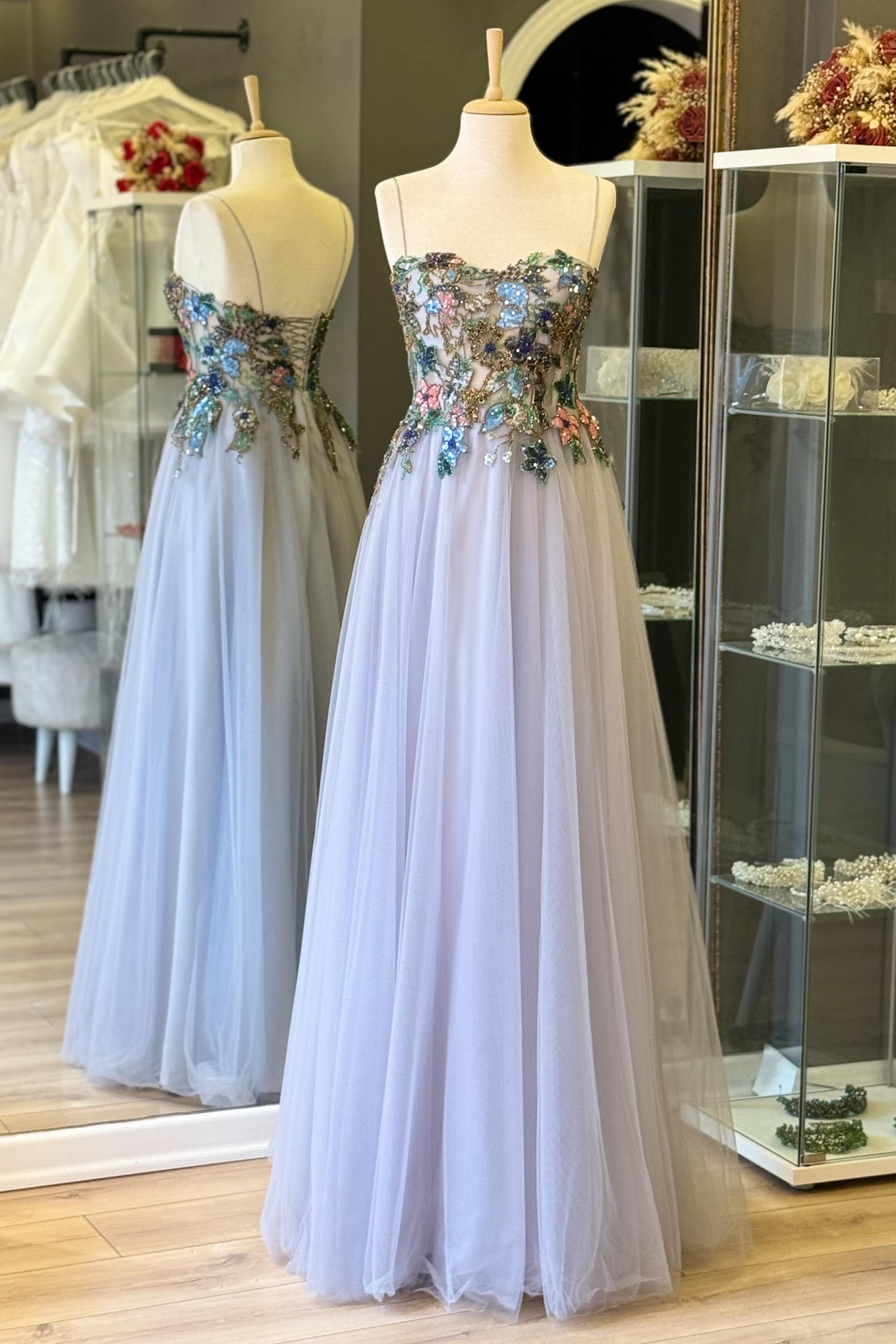 Gri Renkli İşlemeli Dantel Kaplama Transparan Abiye ve Gece Elbise