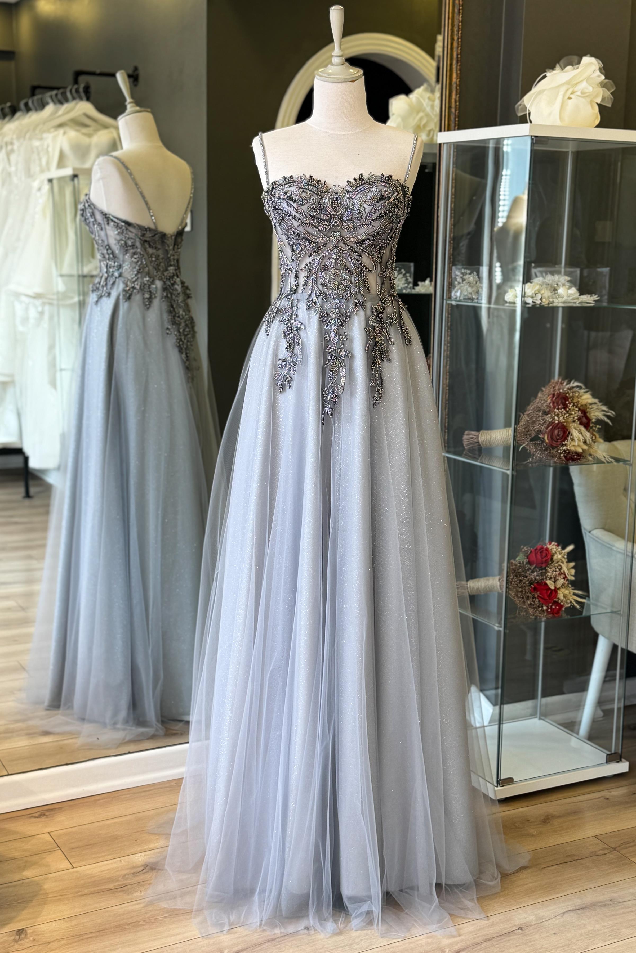 Gri Simli Dantel Kaplama Maxi Boy Abiye ve Nikah Elbisesi