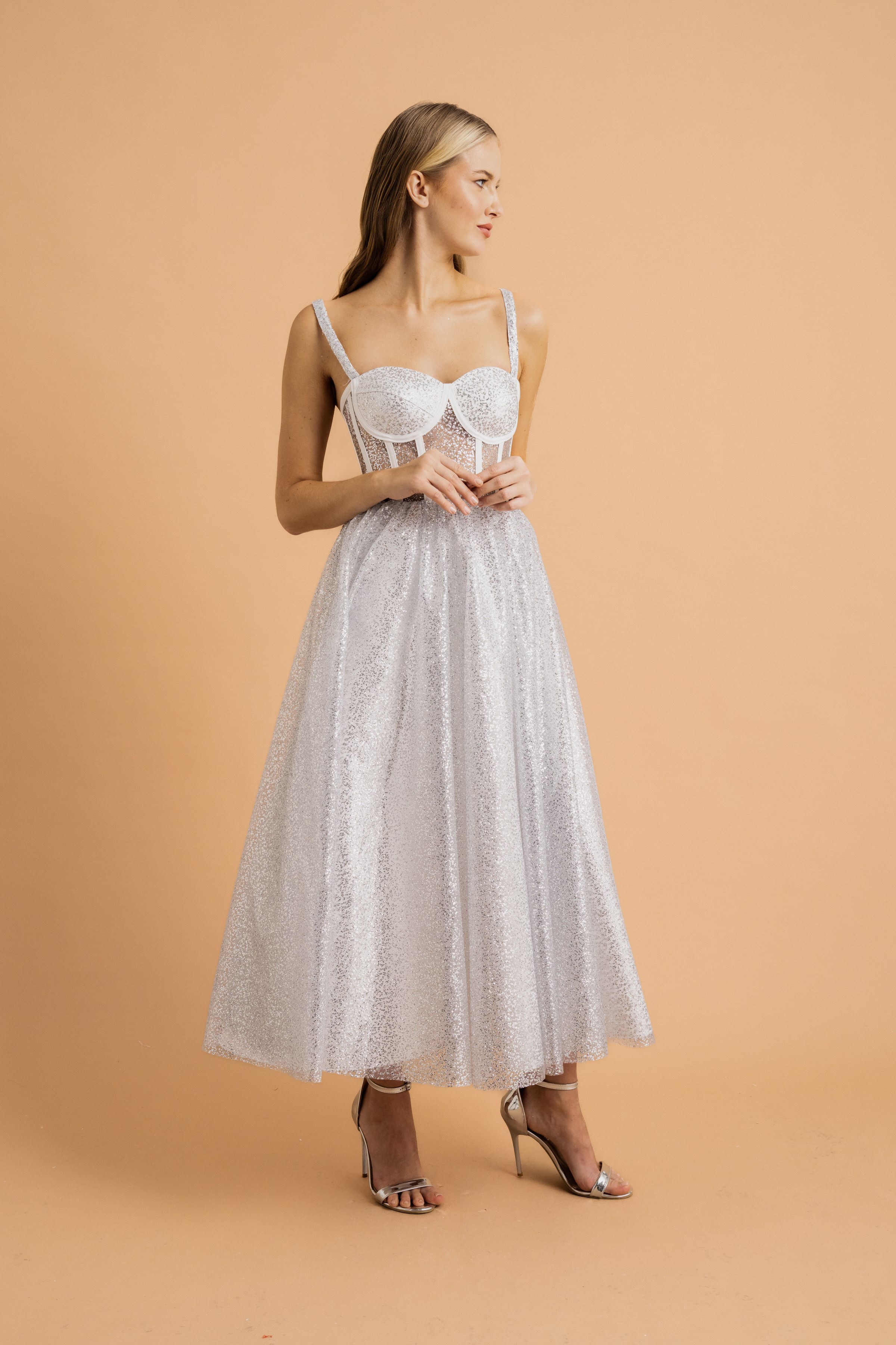 Lenta Moda Silver Gray Midi Evening Dress