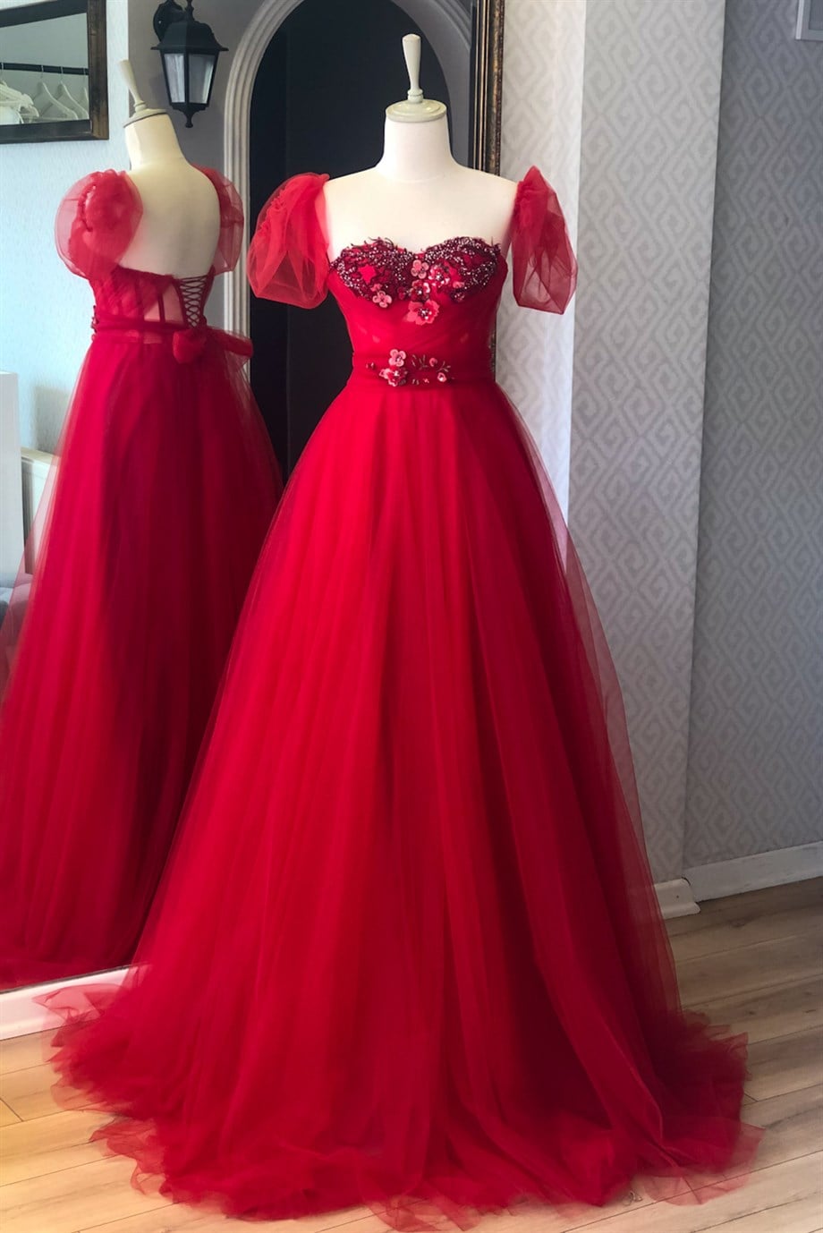 Lenta Moda Red Drape and Lace Detailed Maxi Evening Dress and Engagement  Dress