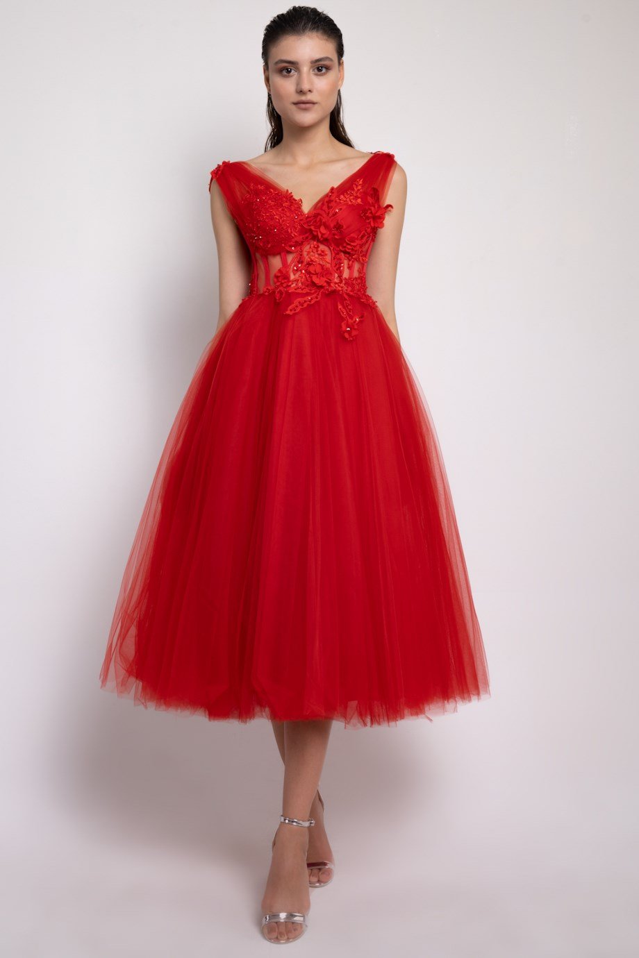 Lenta Moda Red Three-dimensional Lace Detailed Midi Evening Dress