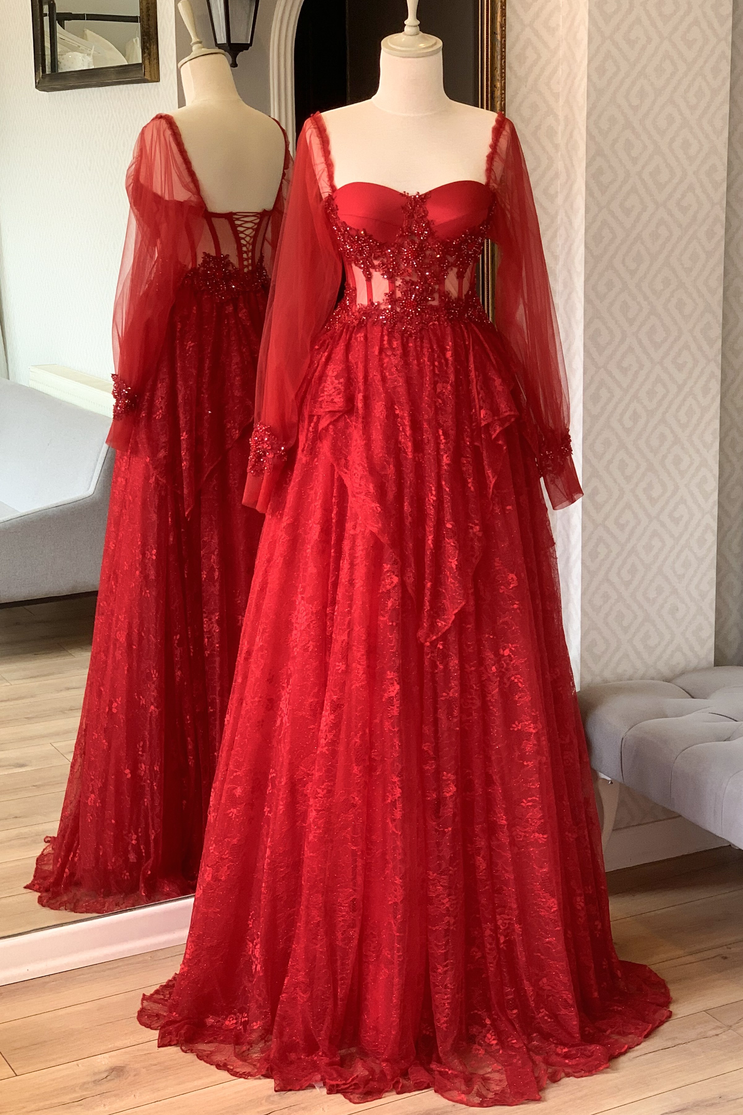 Lenta Moda Kırmızı Simli Dantel Etekli Abiye ve Gece Elbisesi