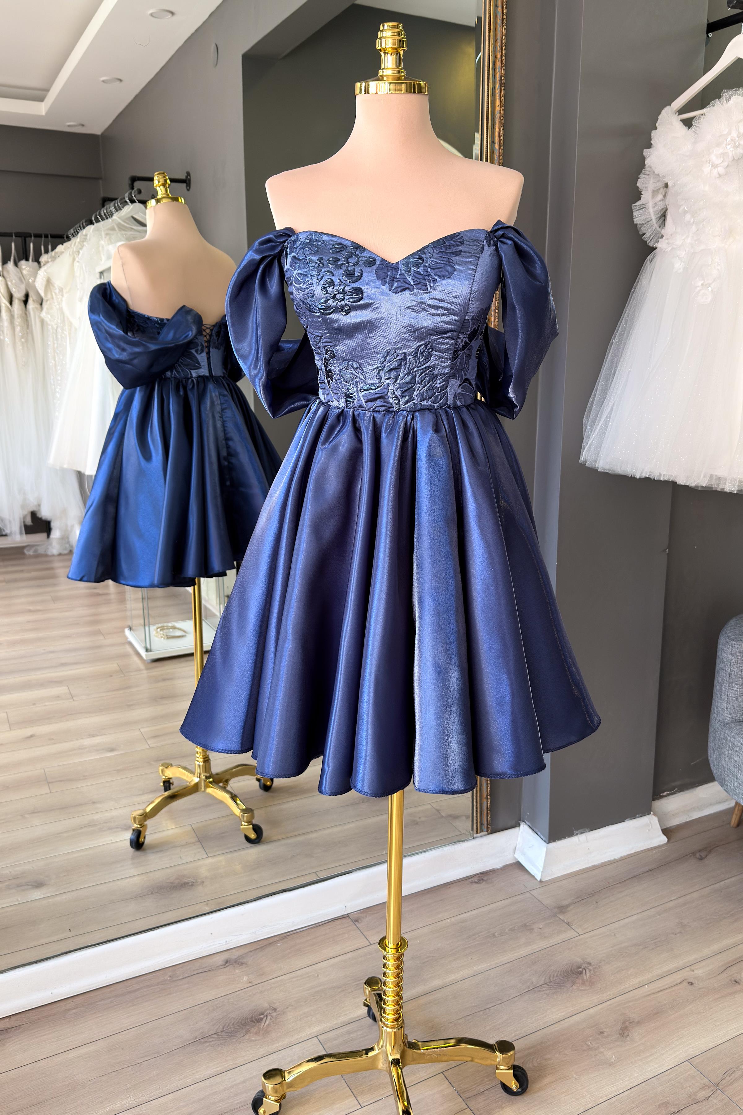 Lacivert Brokar Büstiyer Detaylı Mini Saten Abiye ve Gece Elbisesi