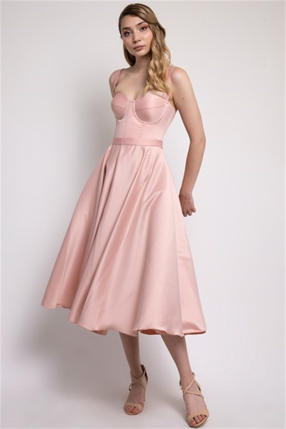 Lenta Moda Powder Color Midi Satin Evening and Prom Dress
