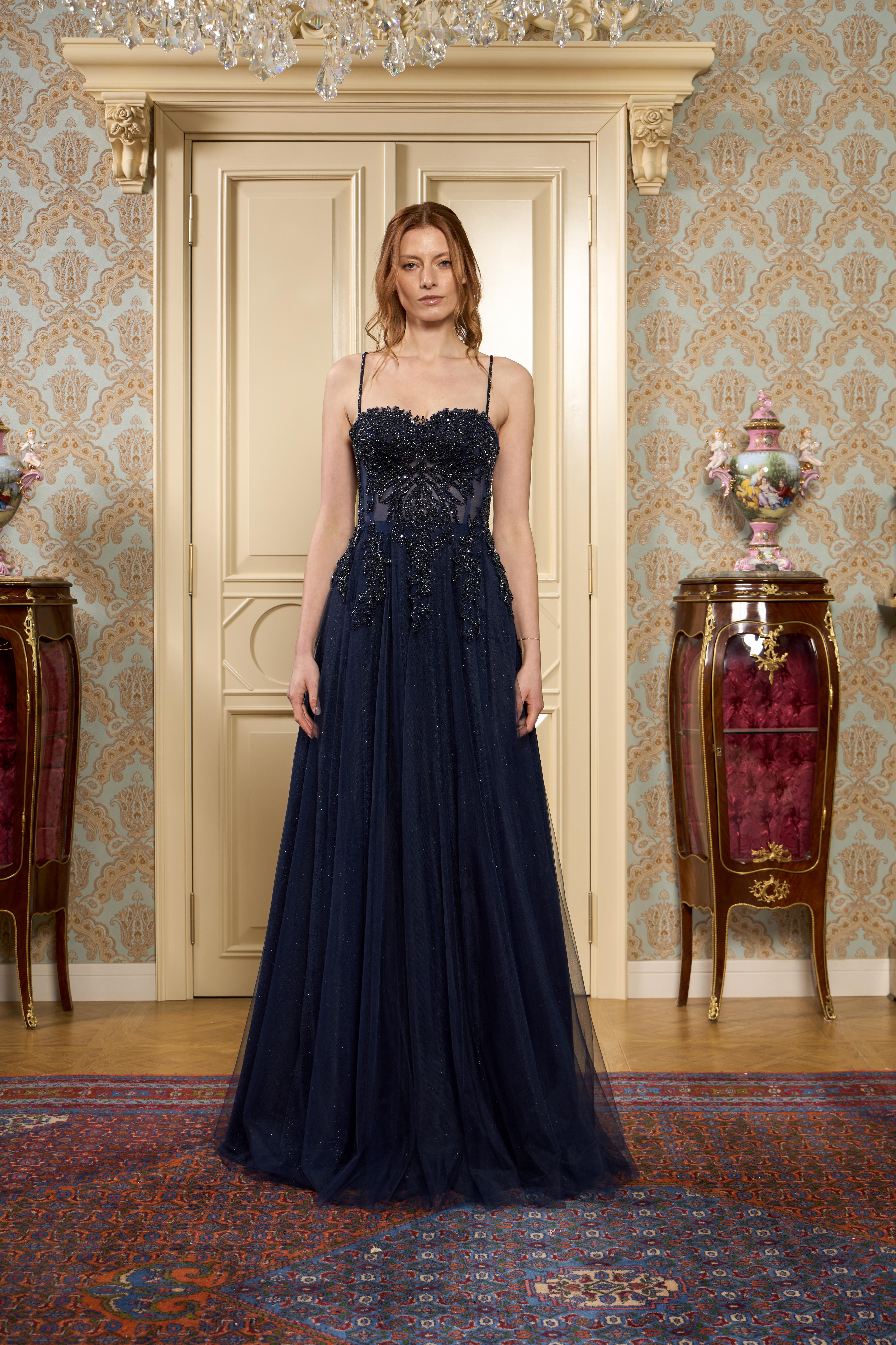 Lacivert Simli Dantel Kaplama Maxi Boy Abiye ve Nikah Elbisesi