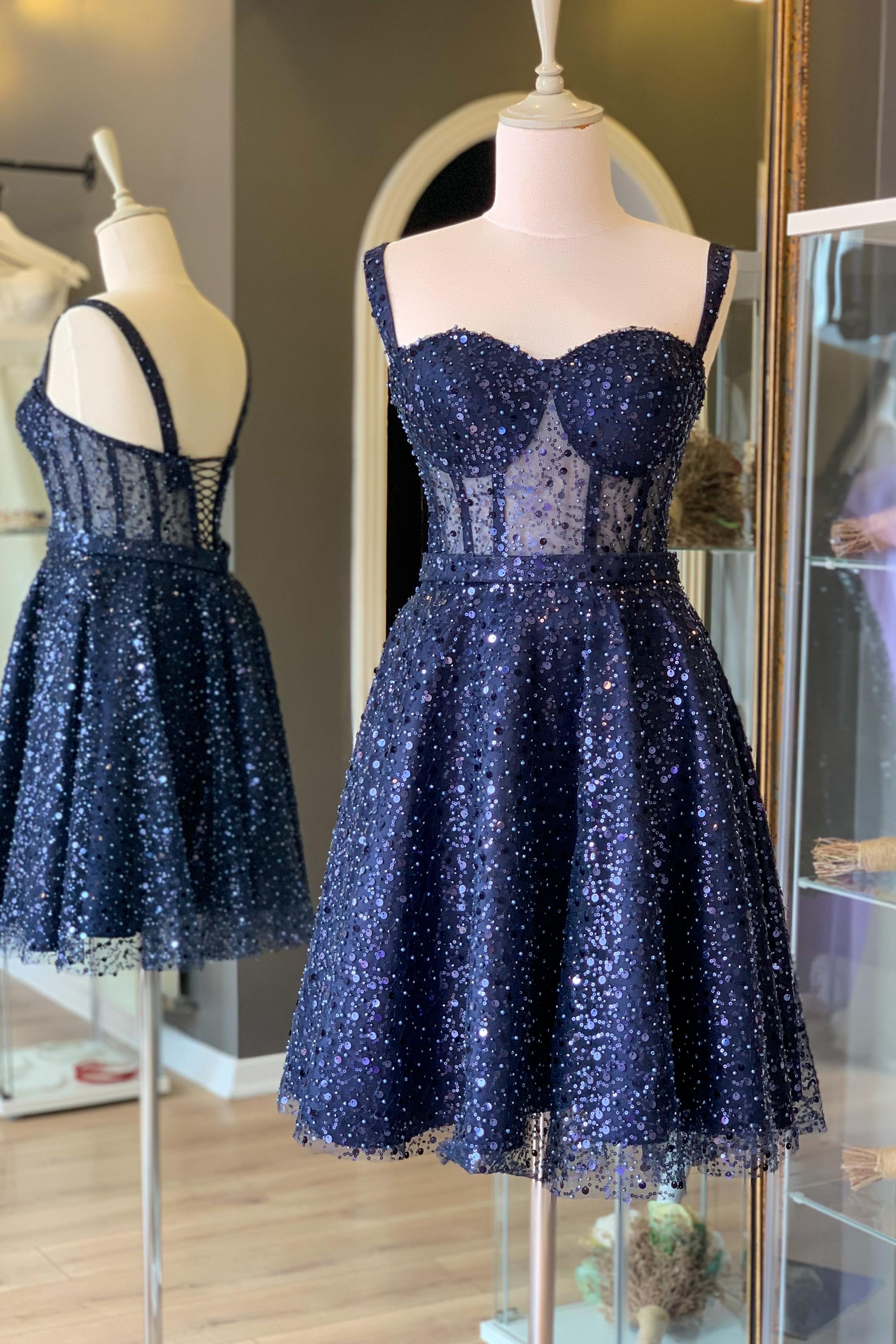 Navy Blue Bead Embroidered Mini Evening and Party Dress