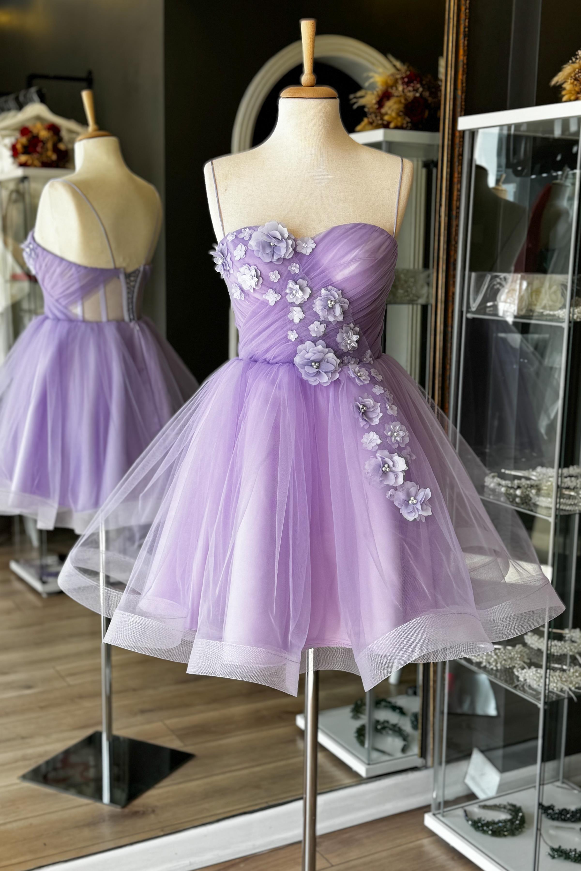 Lila Drapeli Üç Boyutlu Çiçekli Gren Etek Mini Gece ve Parti Elbisesi