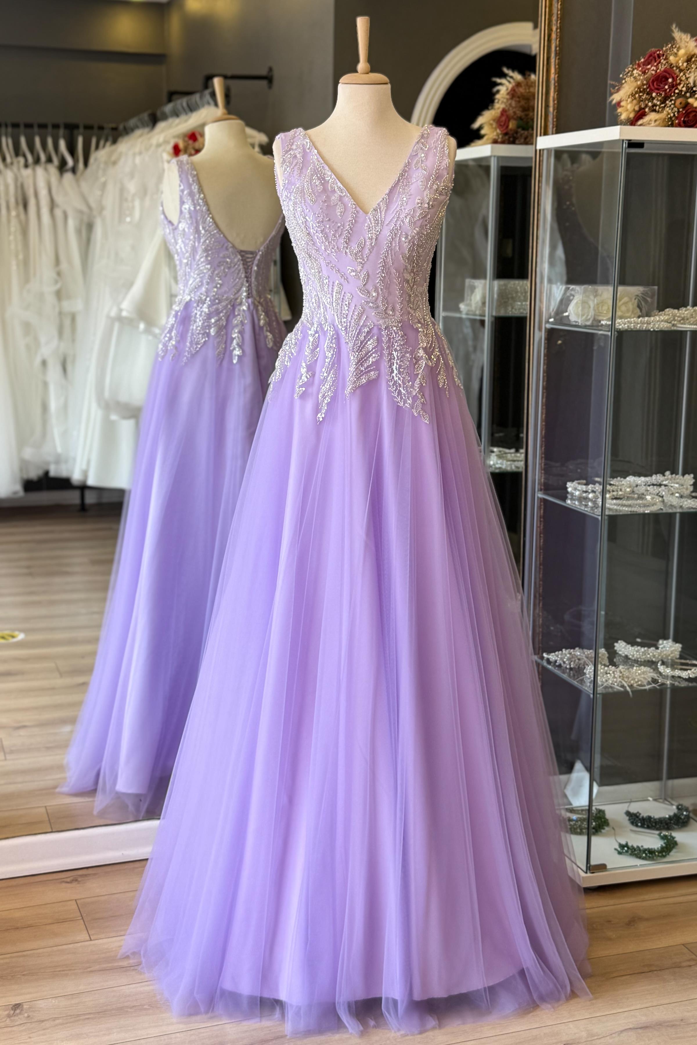 Lila V Yaka Yaprak Desen Dantel Detaylı Maxi Boy Abiye ve Nikah Elbisesi
