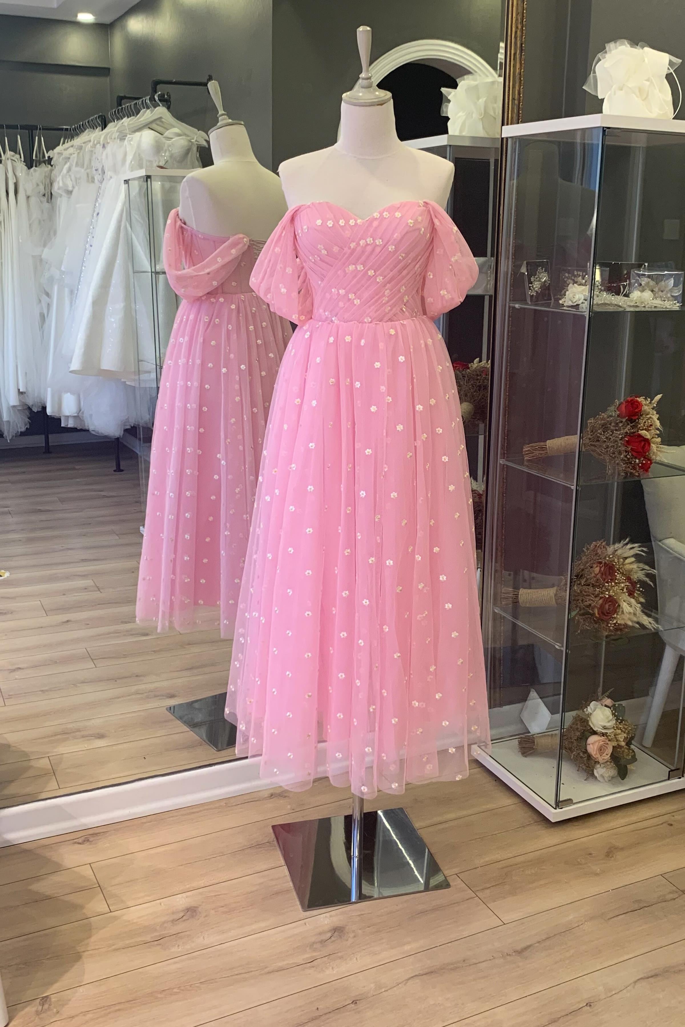 Pembe Papatyalı Midi Boy Tül Abiye ve Gece Elbisesi