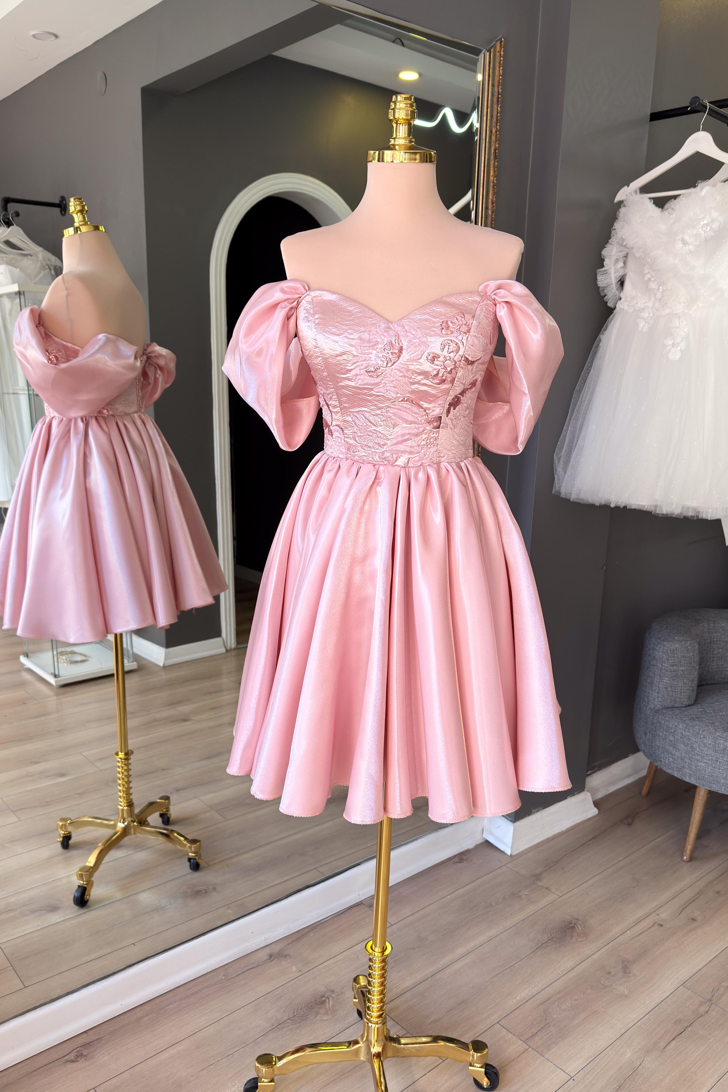 Pudra Brokar Büstiyer Detaylı Mini Saten Abiye ve Gece Elbisesi