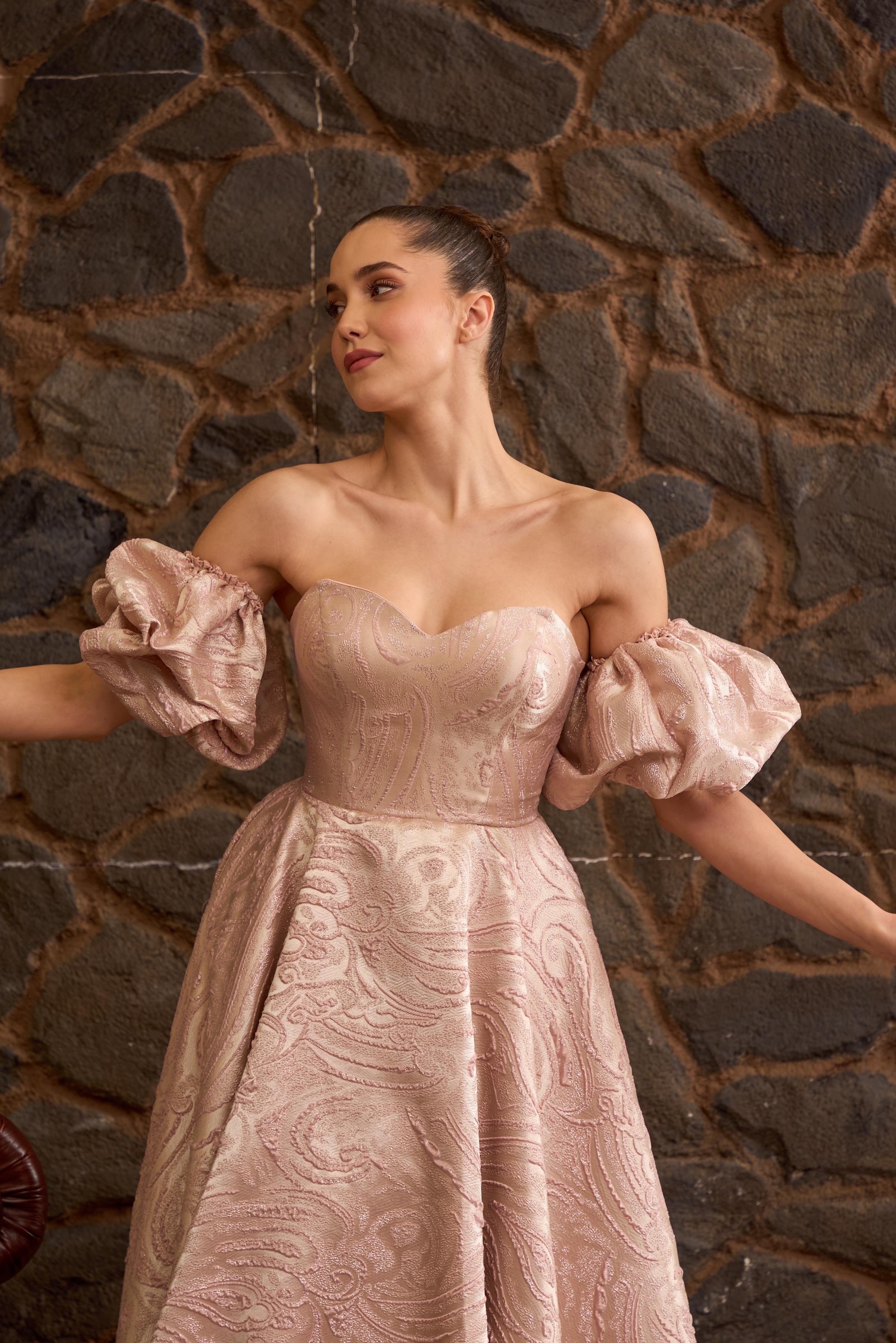 Lenta Moda Pudra Brokar Kumaş Midi Boy Abiye ve Nikah Elbisesi