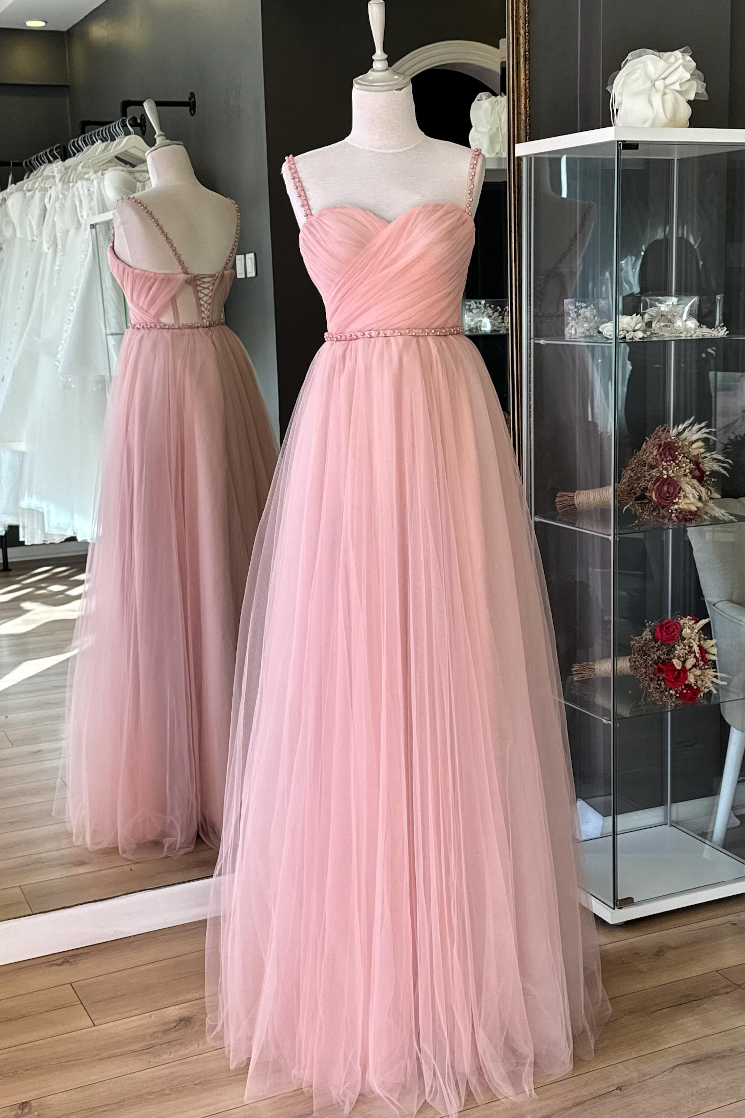 Pudra Drapeli ve İnci Detaylı Tül Abiye ve Nikah Elbisesi