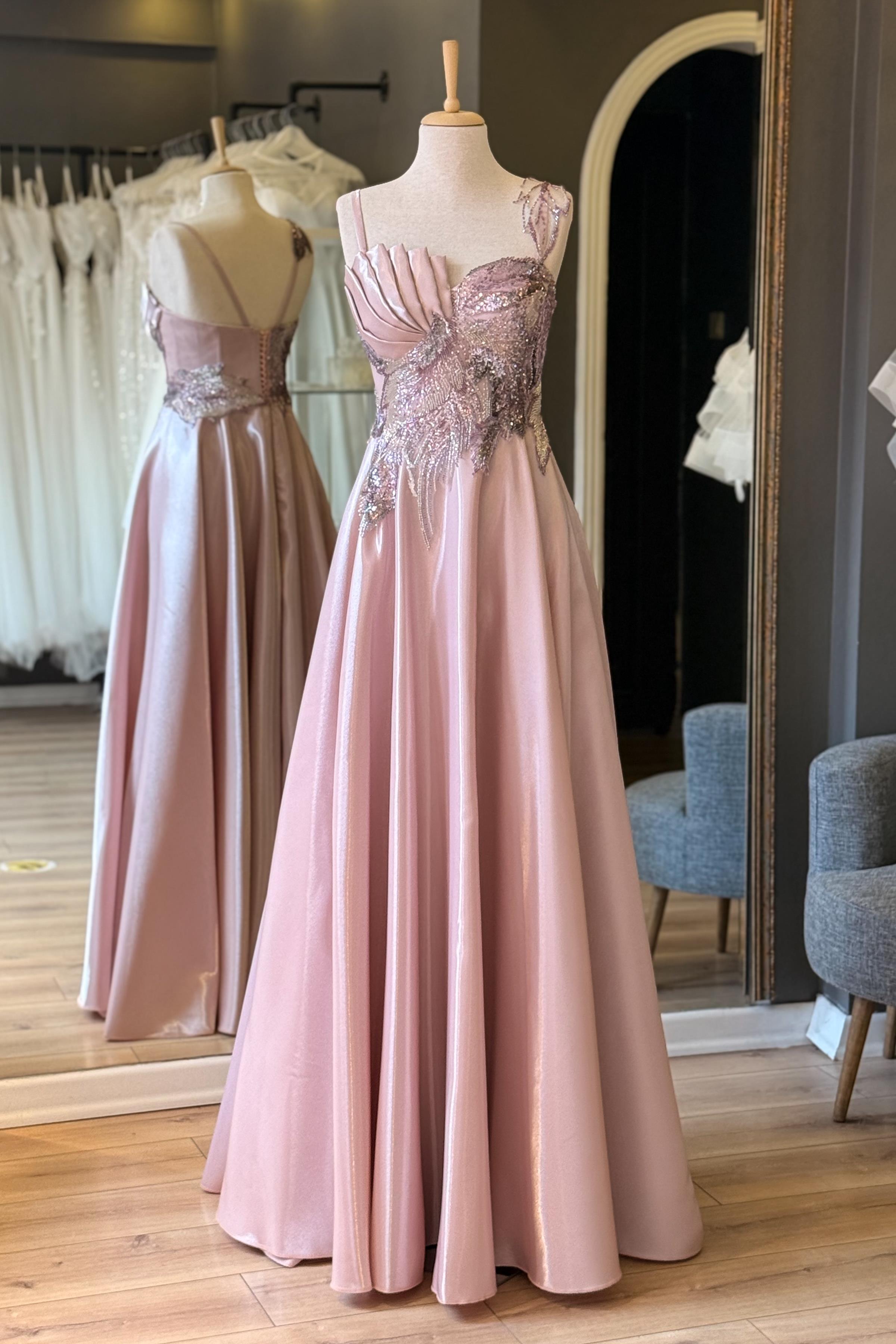 Pudra Parlak Saten Drape ve Dantel Detaylı Maxi Abiye ve Gece Elbisesi