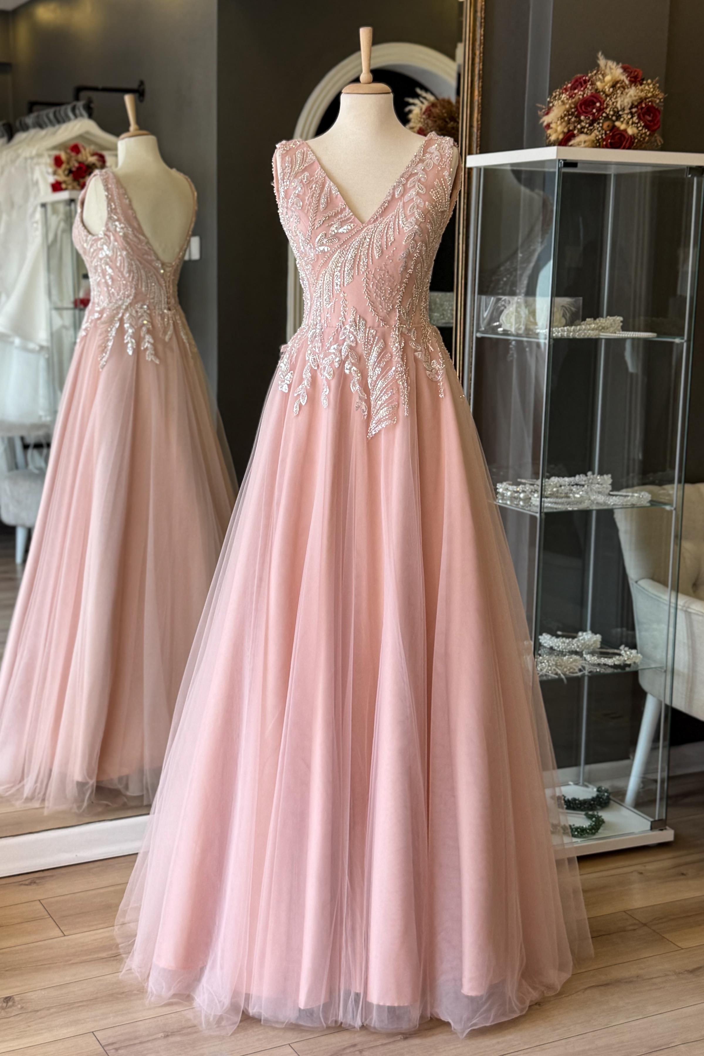 Pudra V Yaka Yaprak Desen Dantel Detaylı Maxi Boy Abiye ve Nikah Elbisesi