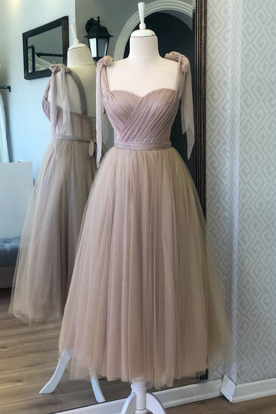 Lenta Moda Flesh-color Midi Silvery Evening and Prom Dress