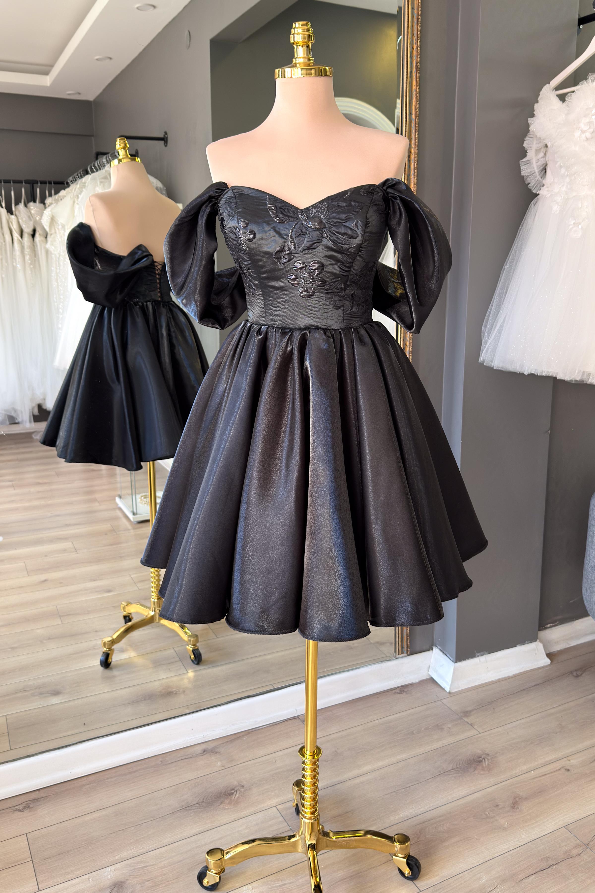 Siyah Brokar Büstiyer Detaylı Mini Saten Abiye ve Gece Elbisesi