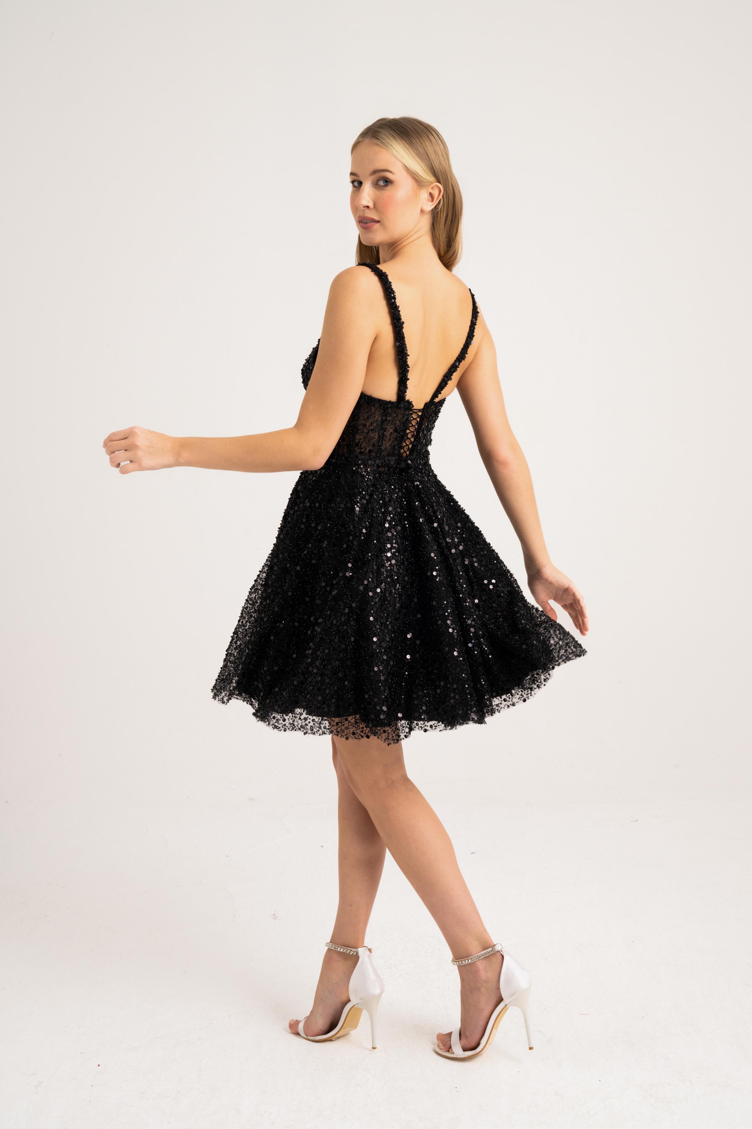 Black Bead Embroidered Mini Evening and Party Dress