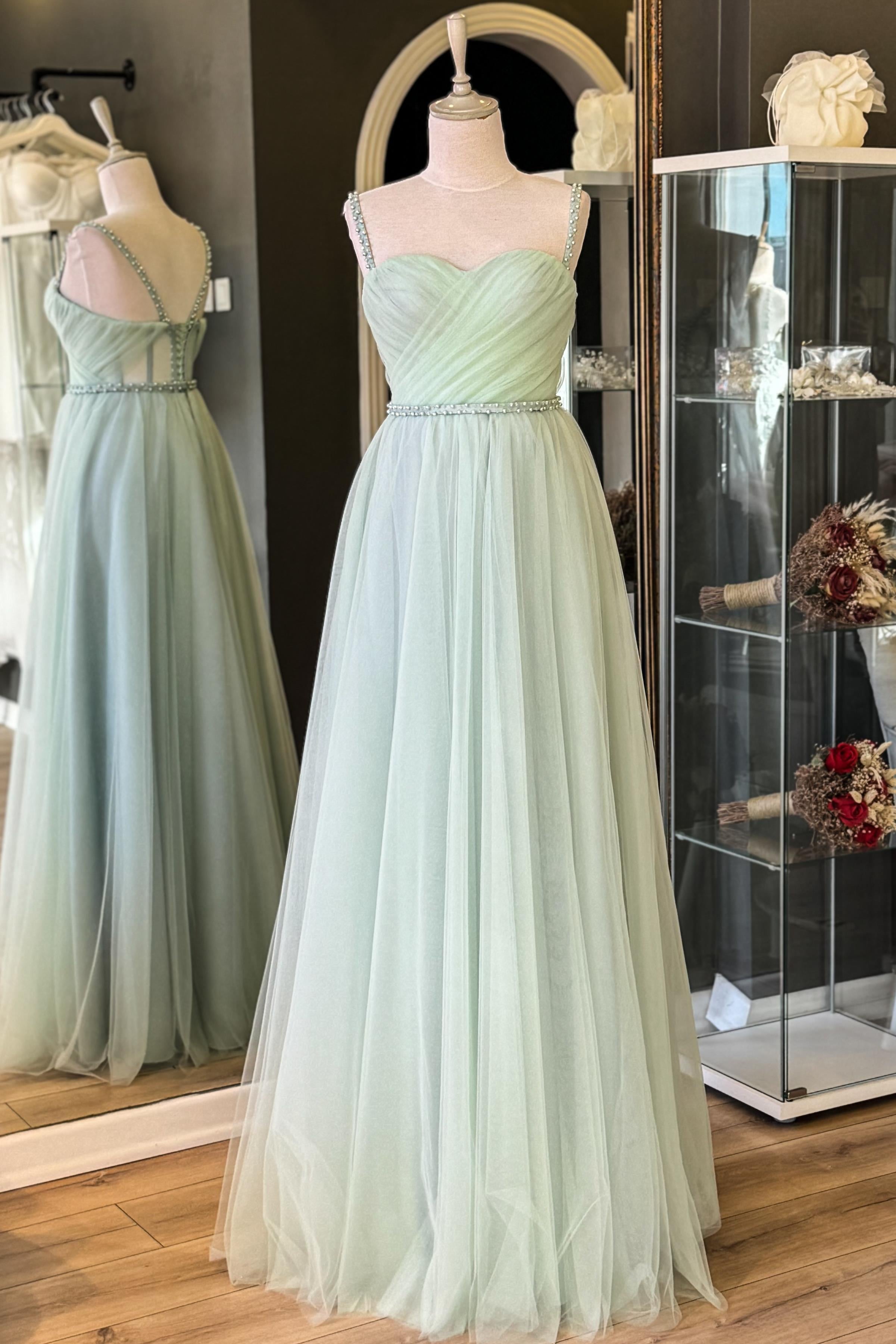 Su Yeşili Drapeli ve İnci Detaylı Tül Abiye ve Nikah Elbisesi