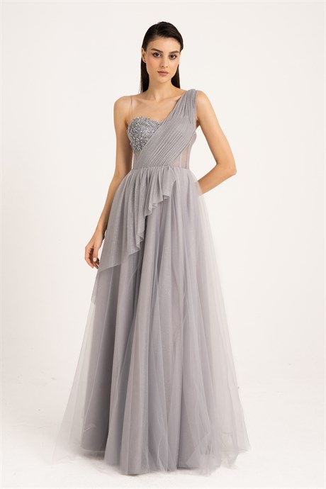 Gray Draped Detailed Silvery Evening Dress