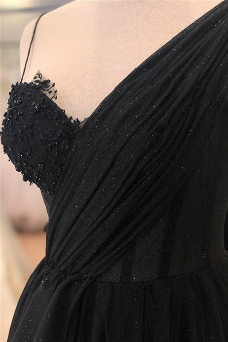 Lenta Moda Black Draped Detailed Silvery Evening Dress