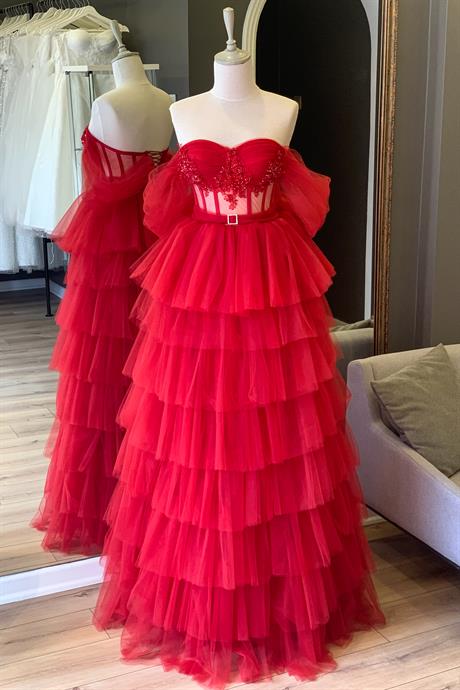 Kırmızı İşlemeli Dantel Detaylı Kat Kat Uzun Tül Maxi Abiye ve Nikah Elbisesi