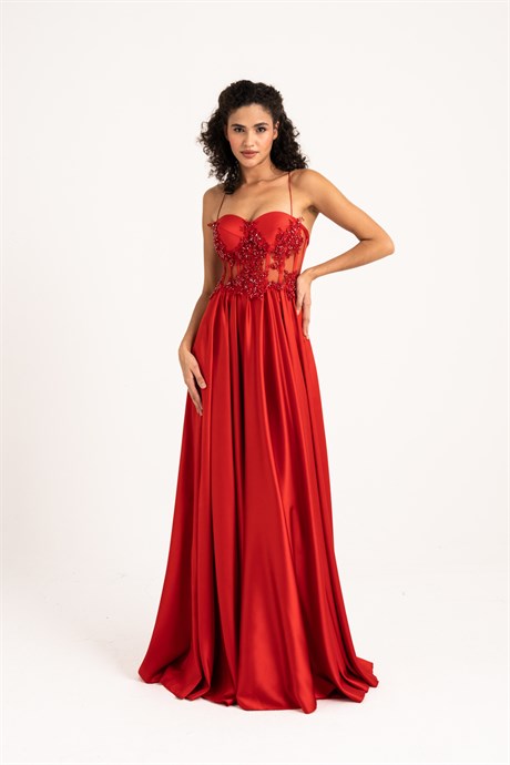 Red Lace Detailed Satin Maxi Evening Dress
