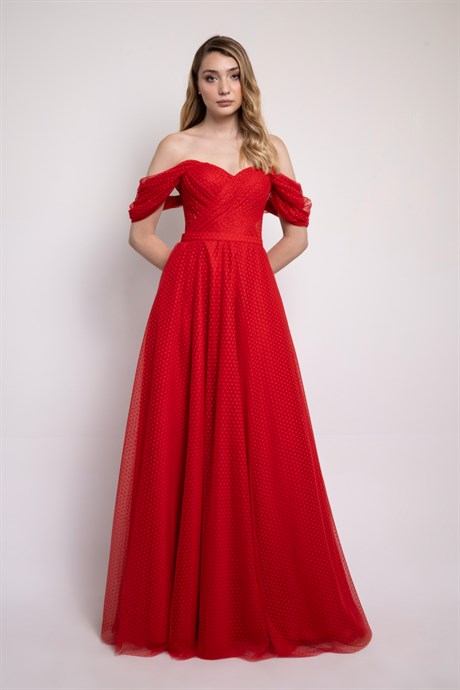 Red Polka Dot Maxi Engagement and Evening Dress