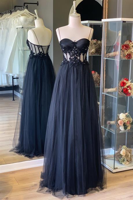 Siyah Transparan Kristal İşlemeli Dantel Detaylı Simli Maxi Abiye ve Nikah Elbisesi