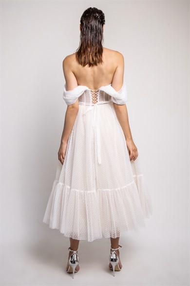 White Ruffle Detailed Midi Evening and Engagement Dress