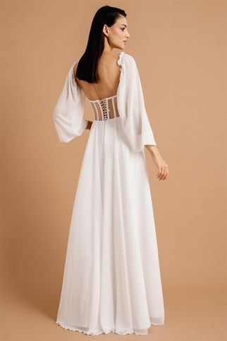 Beyaz İşlemeli Dantel Detaylı Şifon Abiye ve Nikah Elbisesi