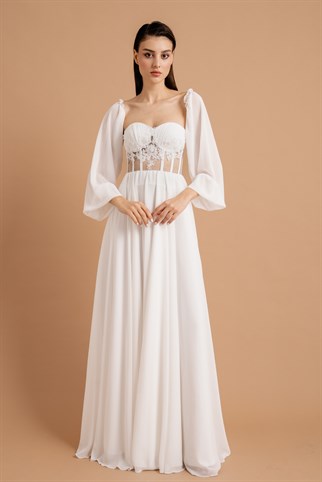 Beyaz İşlemeli Dantel Detaylı Şifon Abiye ve Nikah Elbisesi