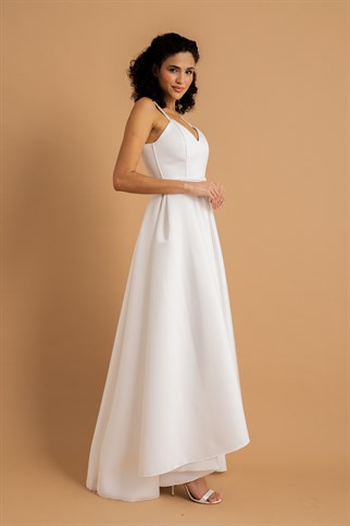 Beyaz İşlemeli Kemer Detaylı Maxi Saten Abiye ve Gece Elbisesi