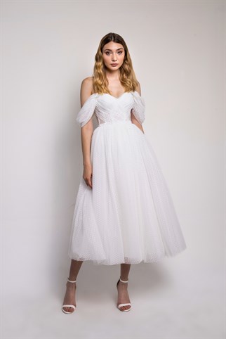 White Polka Dot Midi Evening Dress