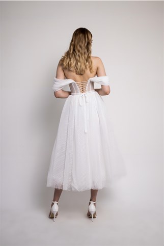 White Polka Dot Midi Evening Dress