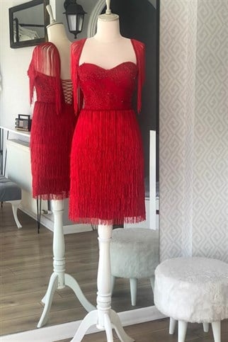 Red Tassel Detail Mini Evening and Party Dress