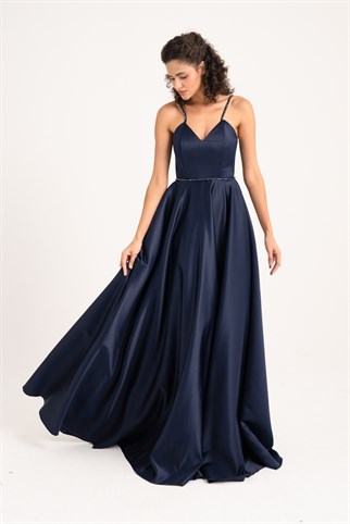 Dark Blue Belt Detailed Maxi Satin Evening Dress