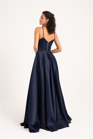 Dark Blue Belt Detailed Maxi Satin Evening Dress