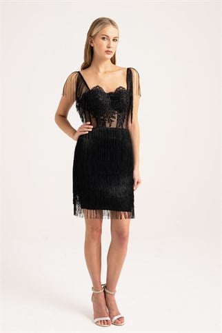 Black Tassel Detail Mini Evening and Party Dress