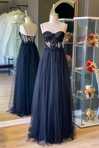 Siyah Transparan Kristal İşlemeli Dantel Detaylı Simli Maxi Abiye ve Nikah Elbisesi