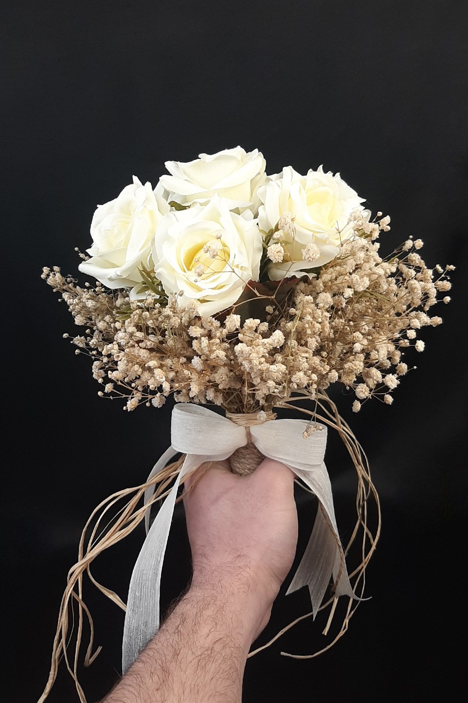 Beyaz Gül Demeti Gelin Çiçeği Beyaz Kurdele Bej Cipsolu Gelin Buketi | Kamus