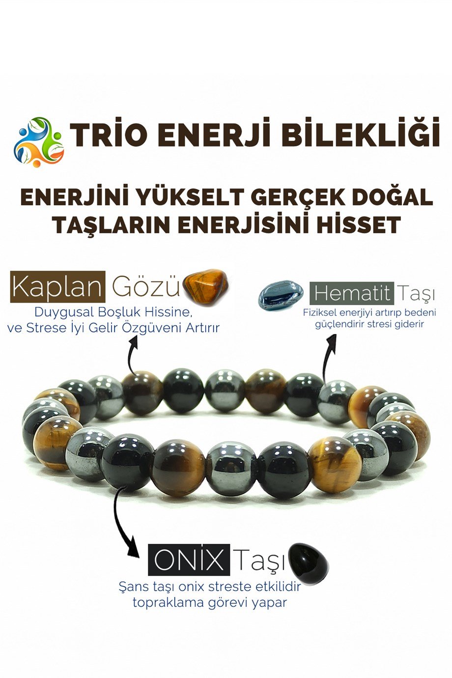 Trio Enerji Oniks Hematit Kaplangözü Doğal Taş Bileklik | Kamus