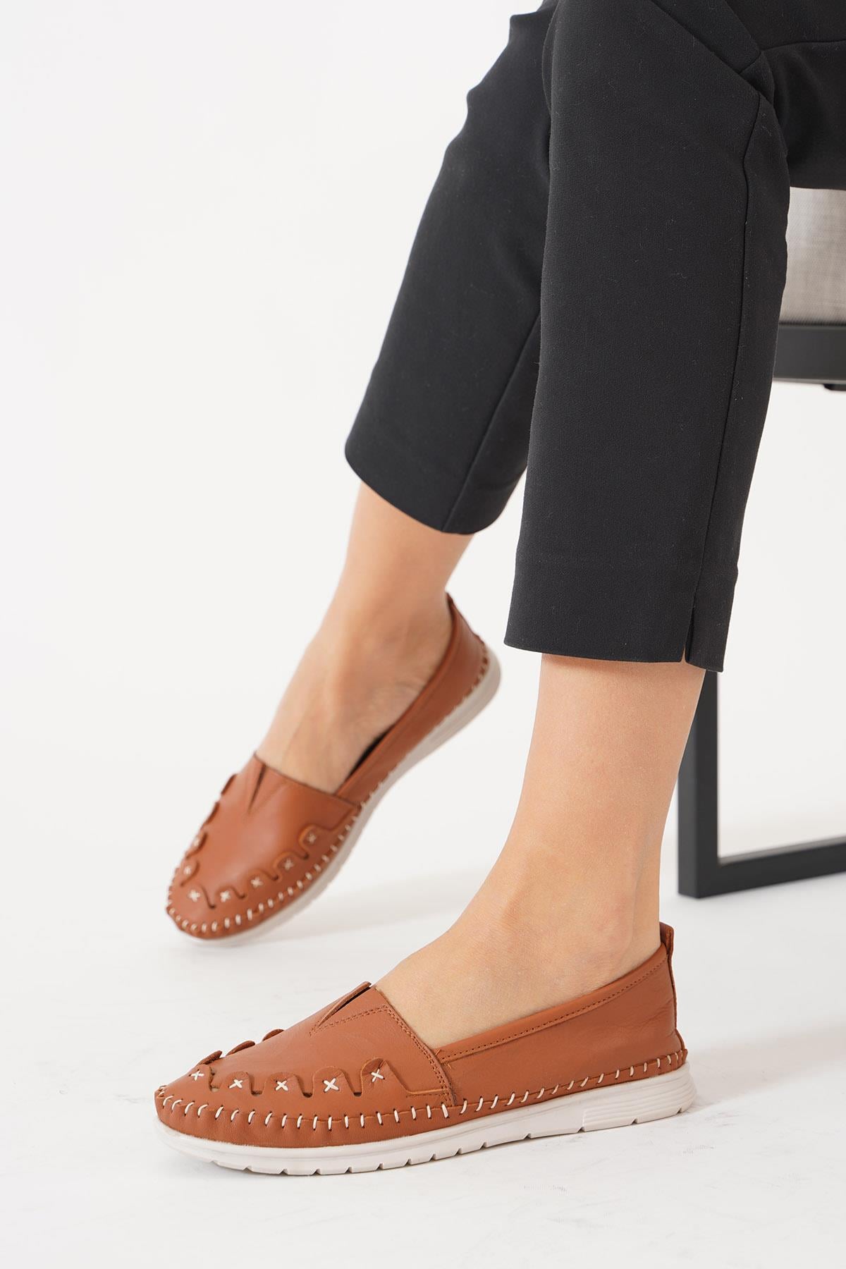 Laner Dikiş Saraçlı  Hakiki Deri Kadın Ayakkabı Taba Cilt