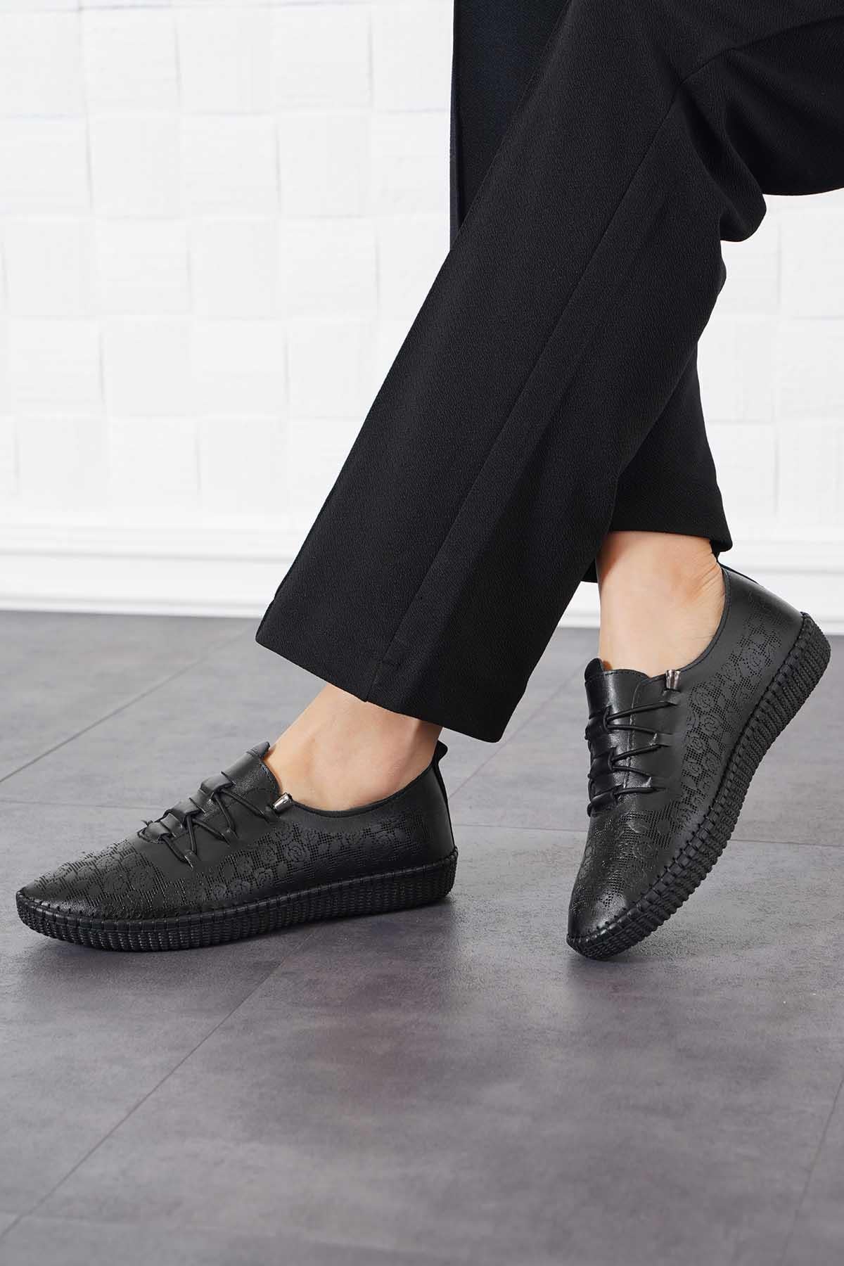 Neus Taban Dikme Lszerli Hakiki Deri Ayakkabı Siyah Cilt