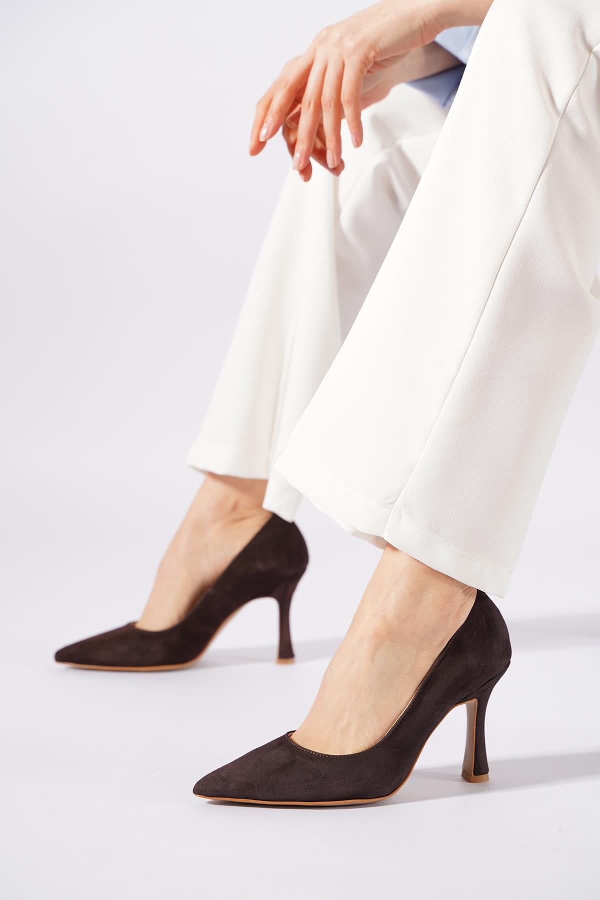 Rotes Aynalı İnce Ökçe İç Dış Hakiki Deri Kadın Stiletto Kahve Süet