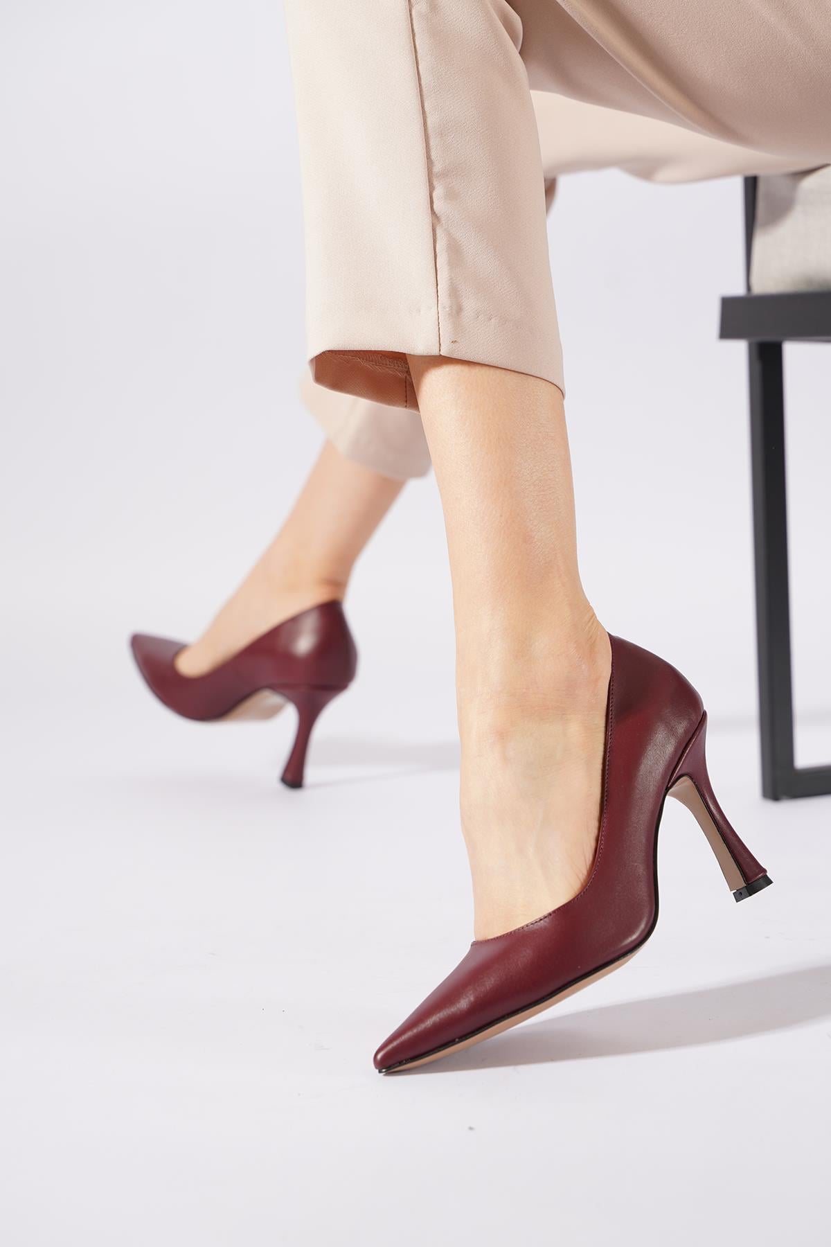 Rotes Aynalı İnce Ökçe İç Dış Hakiki Deri Kadın Stiletto Bordo Cilt