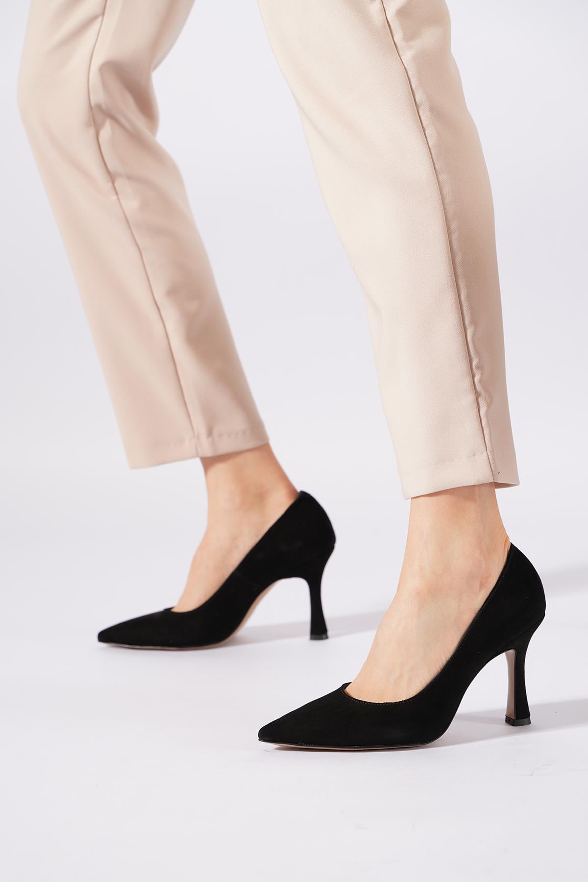 Rotes Aynalı İnce Ökçe İç Dış Hakiki Deri Kadın Stiletto Siyah Süet