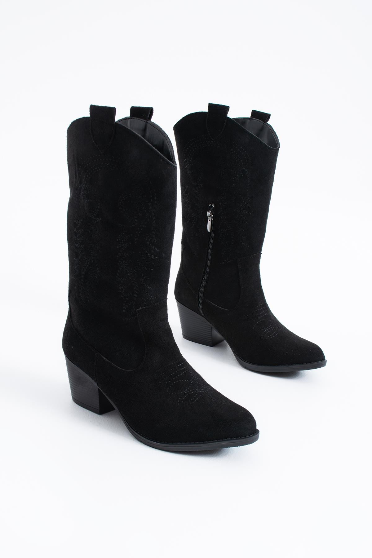 Vesnar Nakışlı Western Kovboy Topuklu Bot Siyah Süet