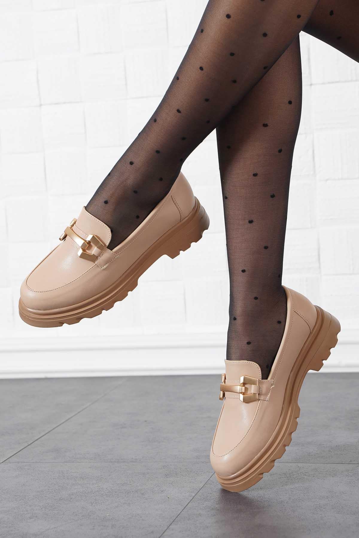 Yevela Geçme Tokalı Kadın Loafer Babet Nut Cilt