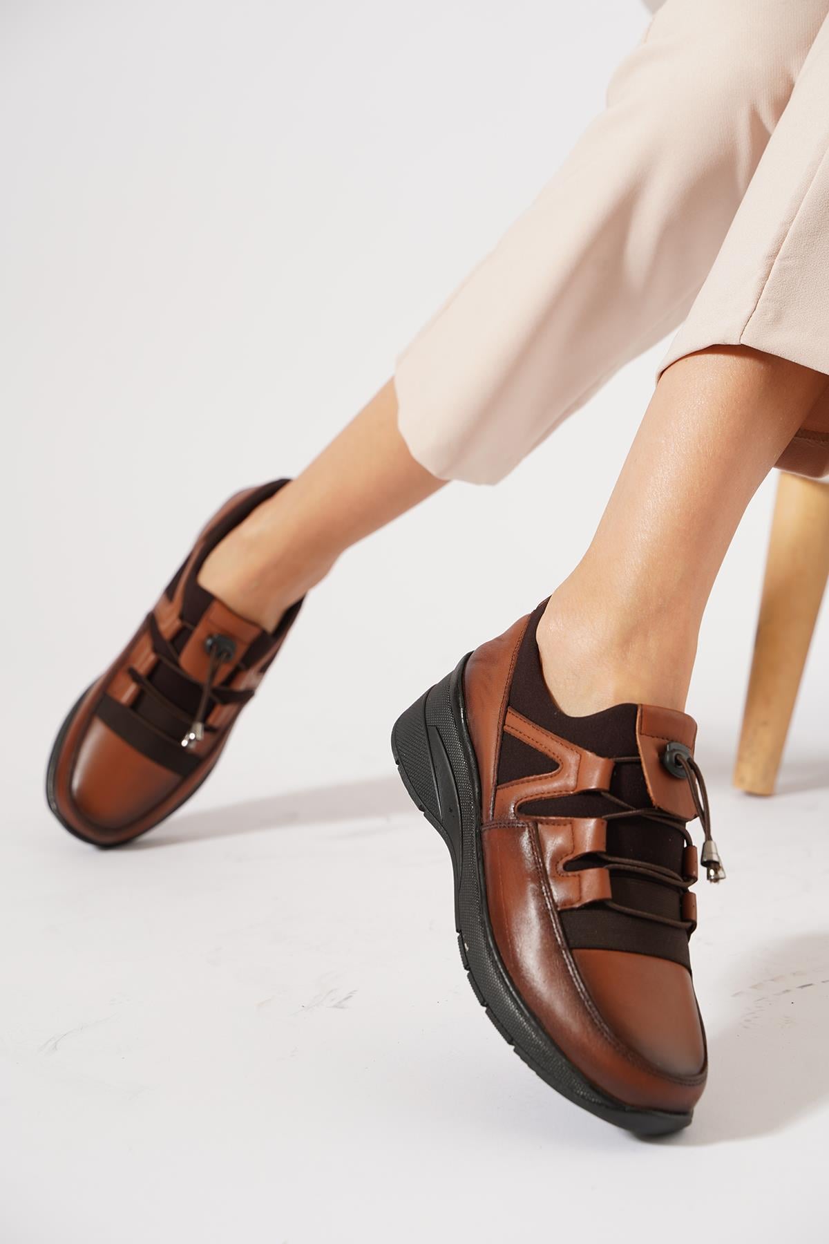 Bolfes Streç Lastikli Hakiki Deri Kadın Ayakkabı Taba Cilt