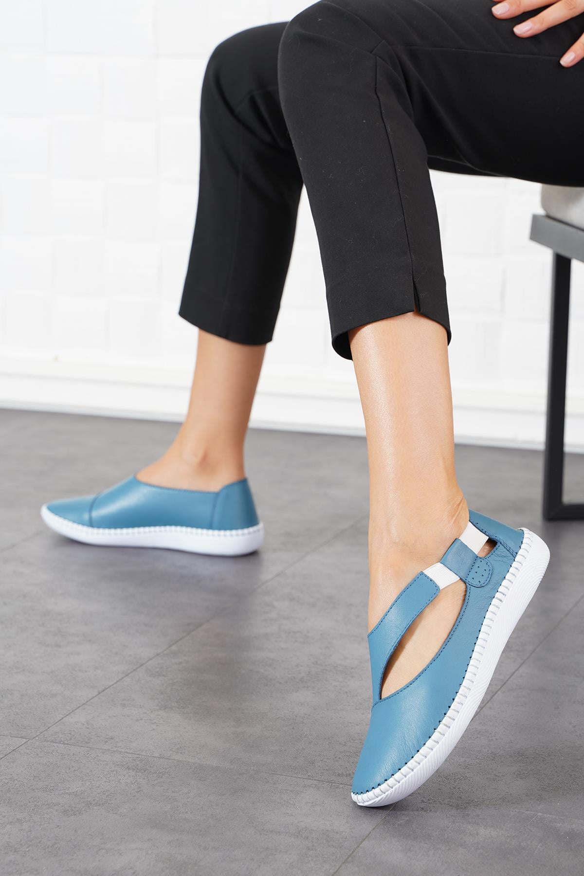 Cesa Yan Lastik Pencere Hakiki Deri Kadın Ayakkabı Kot Mavi Cilt